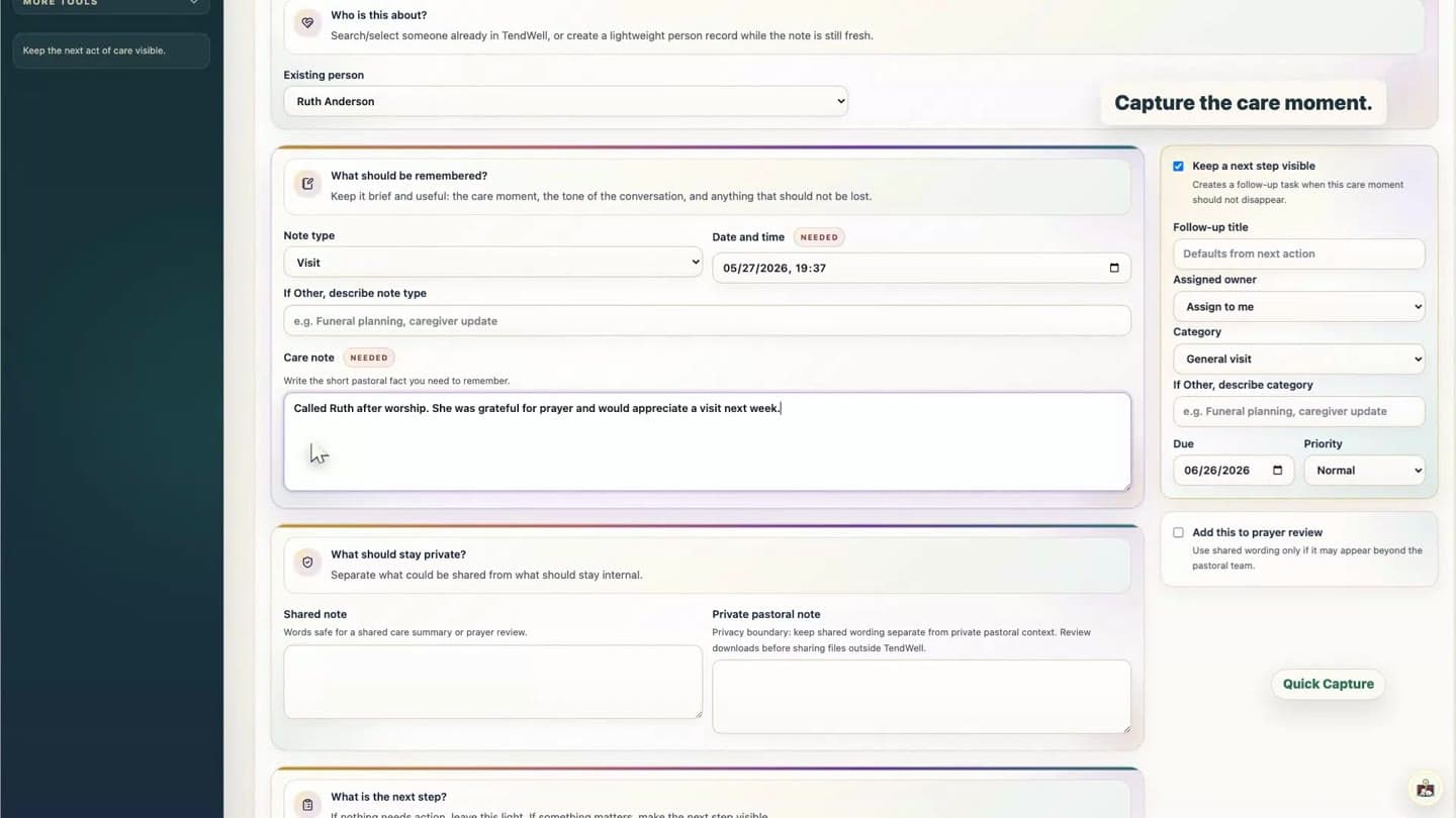 TendWell Capture Care form with care note and privacy options