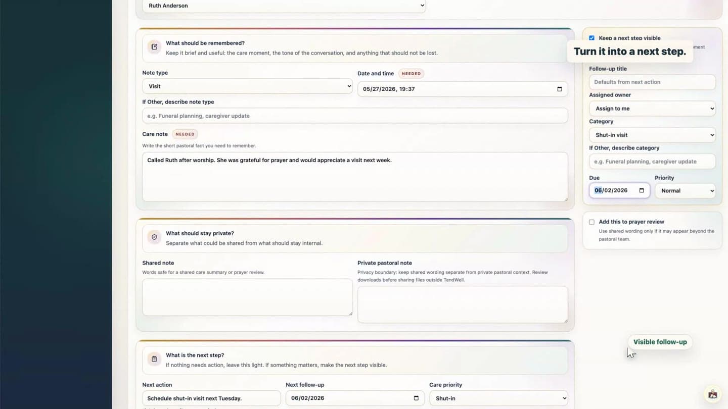 TendWell follow-up sidebar showing next action guidance