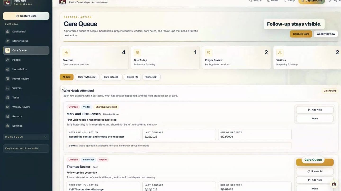 TendWell care queue showing people and next steps for review