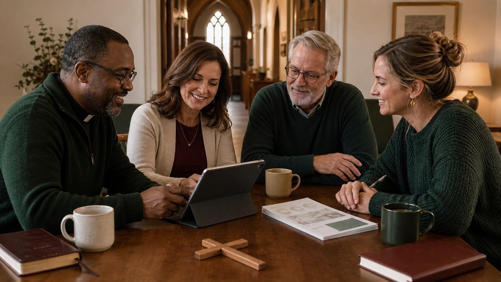 A pastor, elder, deacon, and volunteer reviewing follow-up together around a church care-team table.