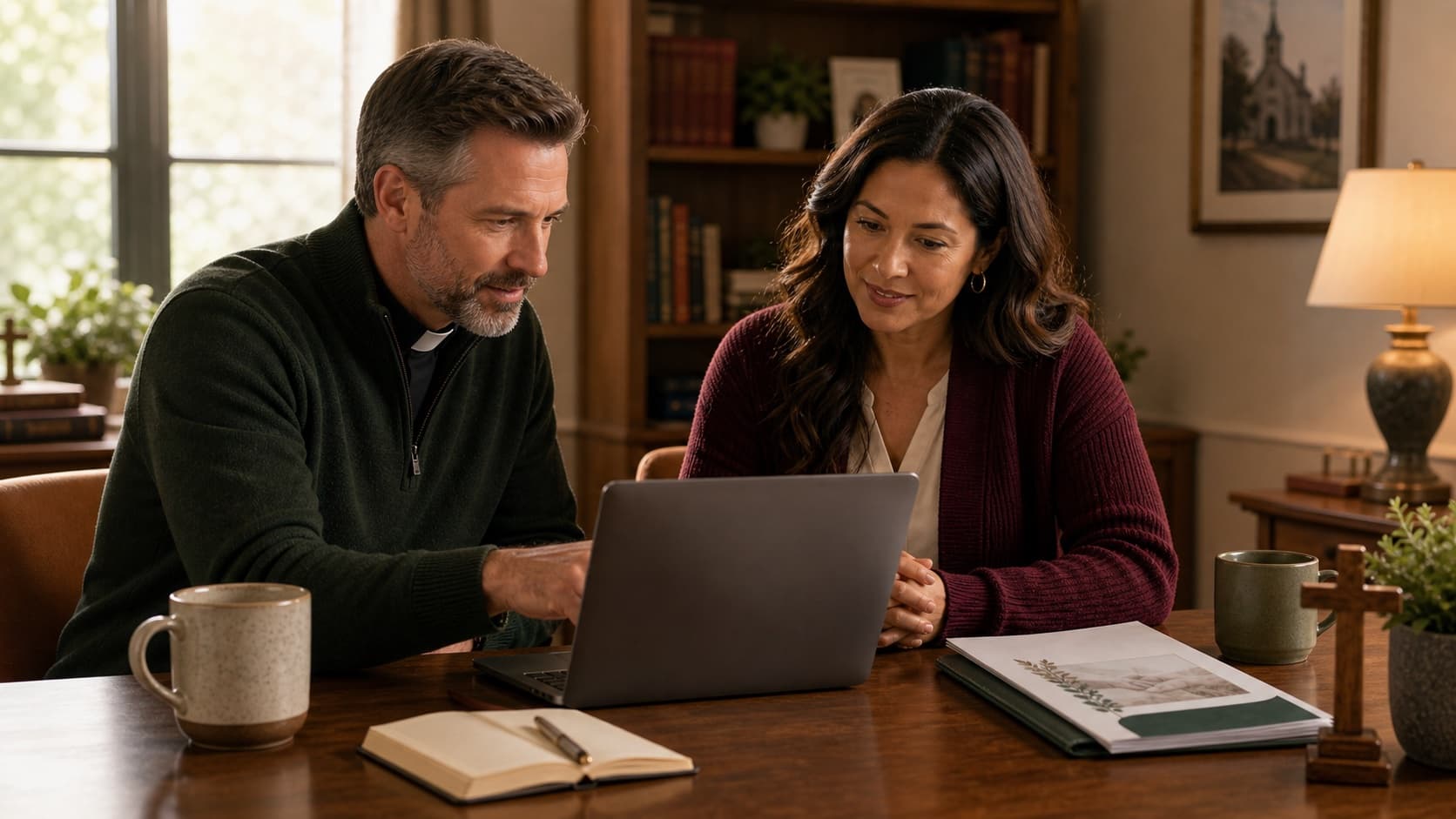 A pastor and church administrator reviewing a pastoral-care workspace together in a warm church office.