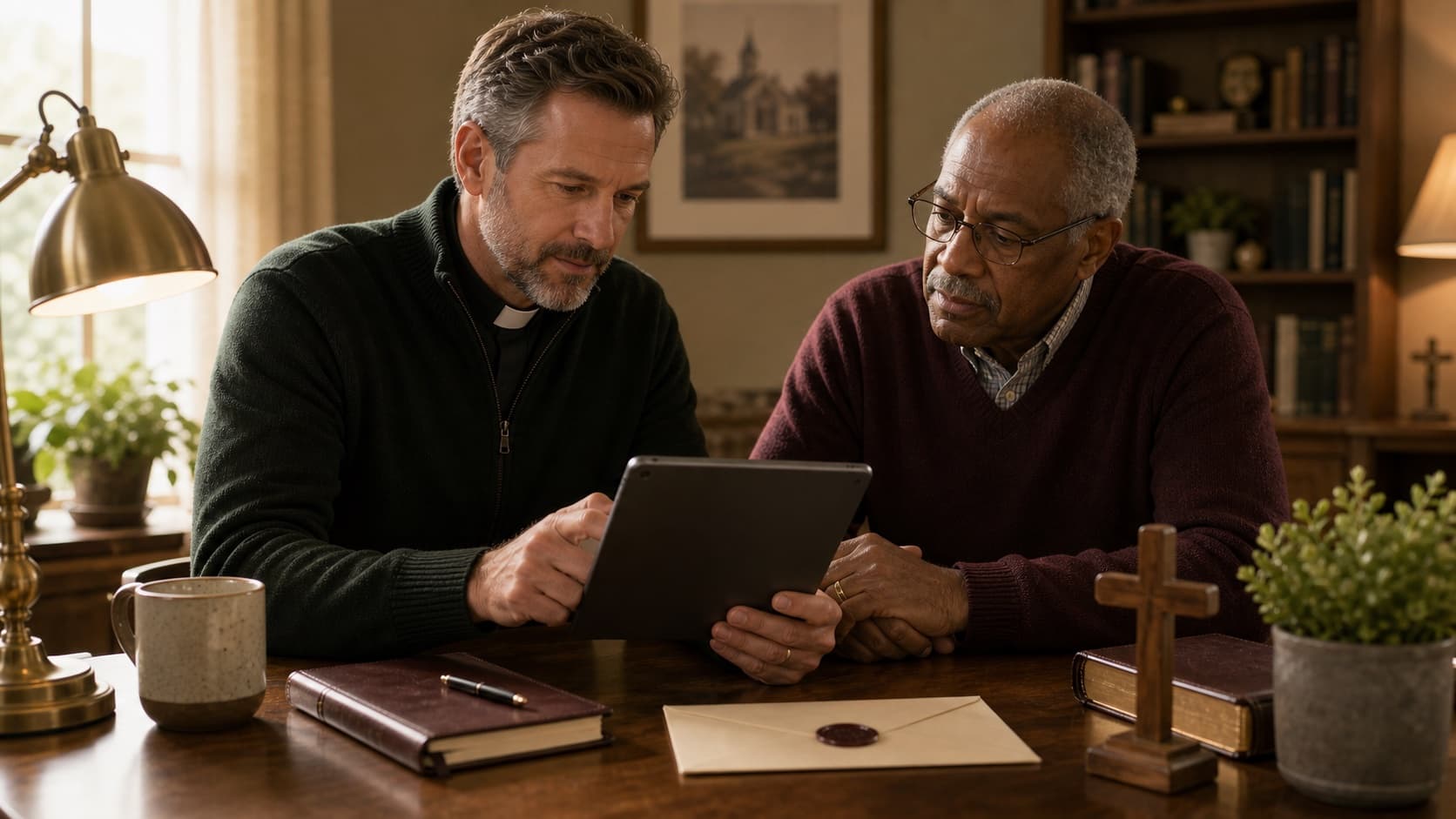 A pastor and elder privately reviewing a sensitive prayer follow-up in a church office.